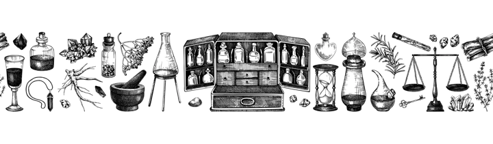 Herbal medicine ingredients seamless border. Antique apothecary background. Hand-drawn vector illustrations. Alchemy glassware sketches. NOT AI generated